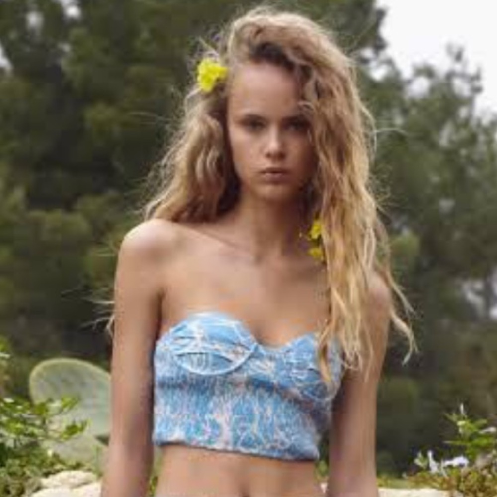 Blue and white floral strapless crop top